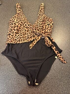 summersalt Leopard-Print Tie-Waist One-Piece Swimsuit - Black & Tan size 12